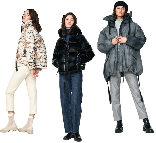 From left : Down half-zip in leopard camo; short down parka in black; long down parka in navy wave dye. PHOTOS COURTESY OF BRANDS