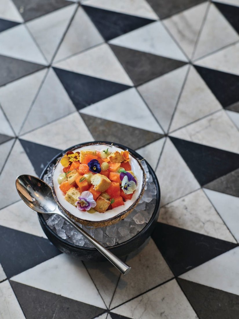 Coconut sorbet with papaya, pepita croutons and lime curd PHOTO: BY SHAWN O’CONNOR