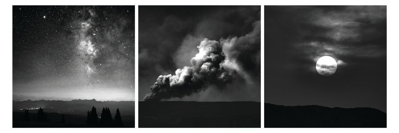 A triptych from Susa’s project called Disturbance: the starkness of the Milky Way Galaxy, billowing smoke from the Grizzly Creek fire (as seen from Snowmass) and an apocalyptic sun visible through smoke coming from the fires burning throughout the summer of 2020 Photography by Tamara Susa