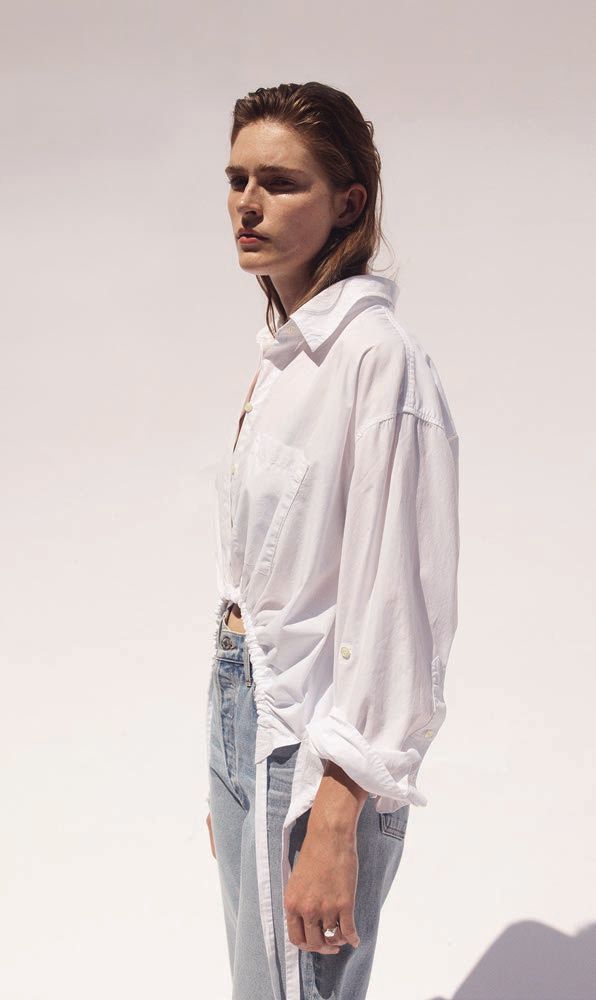 The Alexandra top in white paired with the Eva relaxed baggy in Mirja PHOTO COURTESY OF CITIZENS OF HUMANITY