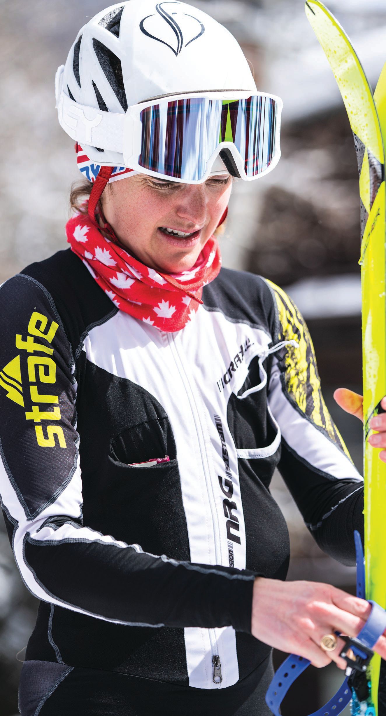  Caroline Tory in the finish at Aspen Mountain right after the race. PHOTOGRAPHED BY KELSEY COON, ACCLIMATE STUDIOS